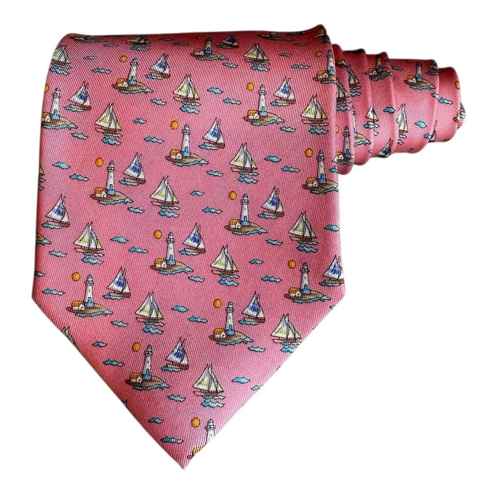 Bass Silk Tie Pink Sailboat Lighthouse Print